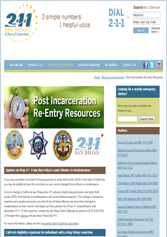 San Diego's 2-1-1 Post Incarceration Re-Entry Resources